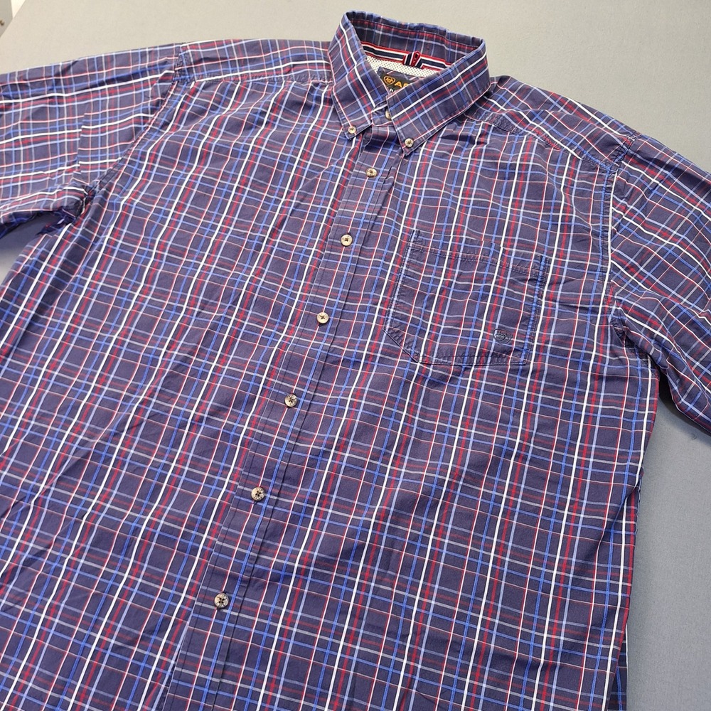 Ariat Pro Series Mens XL Navy Blue Red Plaid Short Sleeve Button Down Shirt